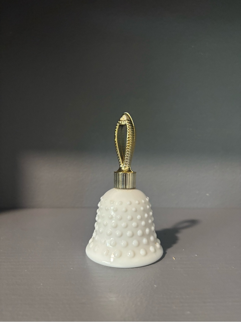 Vintage White Hobnail Milk Glass Bell with Gold Tone Handle